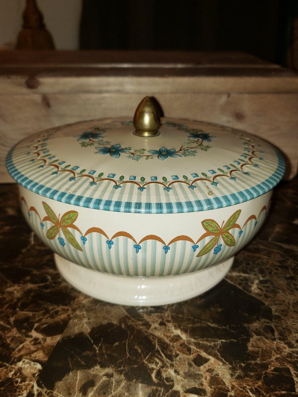 Vintage Lidded Pedestal Tin With Mid-Century Floral Design